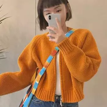 Зимний однотонный вязаный кардиган, женские куртки, милые укороченные свитера на молнии, корейские винтажные повседневные свободные короткие трикотажные пальто 28975 One Size зелёный