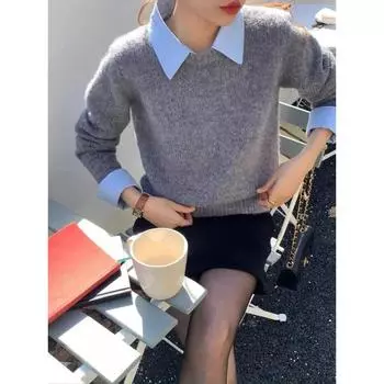 Зимний однотонный вязаный свитер-пуловер женский ретро поддельный двухсекционный топ-пуловер женский корейский модный винтажный свитер 2024 Новый S тёмно-синий