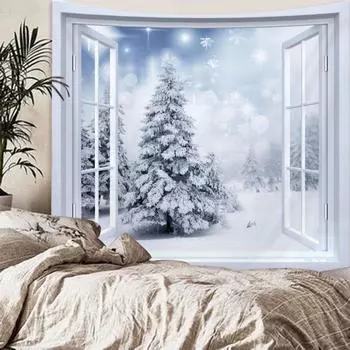 Зимний оконный пейзаж Снежный настенный гобелен Рождественская настенная елка настенная великолепная рождественская елка камин подарки 95*73cm