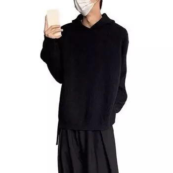 Зимний осенний мужской свитер, толстый вязаный, мягкий, теплый, уютный, с капюшоном и длинным рукавом, свободный ретро, повседневный эластичный пуловер, свитер средней длины M чёрный