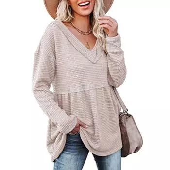 Зимний осенний свитер, женский повседневный однотонный однотонный свитер с v-образным вырезом и длинными рукавами, рюшами, уличная одежда, свободные вязаные футболки, топы S светло-коричневого