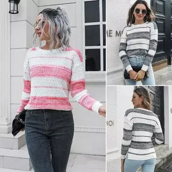Зимний осенний женский модный полосатый теплый свитер, свободный вязаный топ с разрезом S чёрный