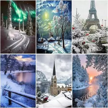 Зимний пейзаж 5d Diy Алмазная картина Алмазная вышивка крестом Полный круглый дрель Комплект для украшения дома Вышивка Full Round 20x30CM