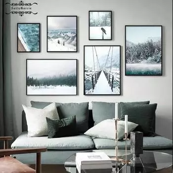 Зимний пейзаж, холст, картина, снежный лес, береза, мост, озеро, постеры и принты, скандинавские настенные художественные картины для домашнего декора 21*30cm