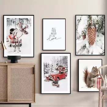 Зимний пейзаж, картина на холсте, настенная живопись, Лось, снежная сосна, пейзаж, постер и принт, современный домашний декор для гостиной, Рождественский декор 21x30cm No frame