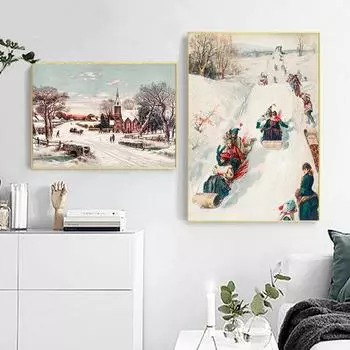 Зимний пейзаж, сцена, принты, винтажная рождественская настенная живопись на холсте, скандинавские антикварные праздничные картины, домашний декор для гостиной 21x30cm No Frame