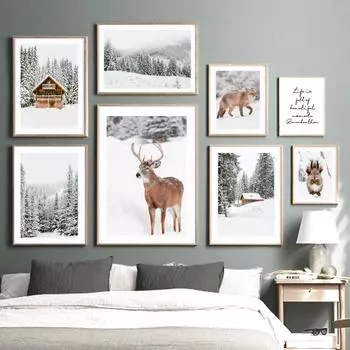 Зимний пейзаж, снег, сосновый лес, дом, олень, лиса, плакат на скандинавскую тему, настенный художественный принт, холст, картина, настенная картина для декора гостиной A4 21X30cm No Framed