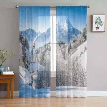 Зимний пейзаж в Баварских Альпах, шифоновые прозрачные шторы для гостиной, спальни, оконные занавески, вуали, тюль Cortinas 135W x 114H(cm)