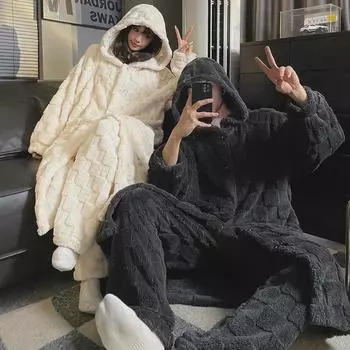 Зимний пижамный комплект с рисунком в шахматную клетку: Мужской и женский плотный фланелевый халат, банный халат и брюки из кораллового флиса. M