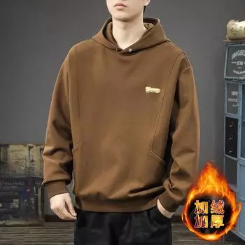 Зимний плотный флисовый свитер с капюшоном, мужской модный брендовый свободный большой размер, топ премиум-класса, пуловер для спорта и отдыха на открытом воздухе M чёрный