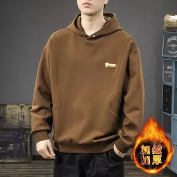 Зимний плотный флисовый свитер с капюшоном, мужской модный брендовый свободный большой размер, топ премиум-класса, пуловер для спорта и отдыха на открытом воздухе M чёрный