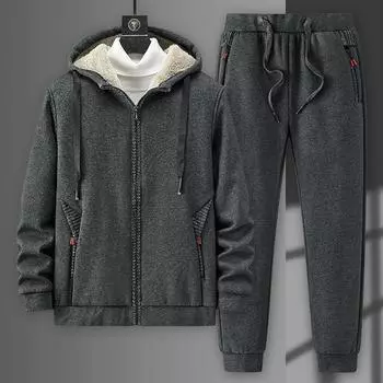 Зимний плюшевый и утолщенный повседневный комплект, большой свитер с капюшоном, комплект мужской одежды, хлопковый спортивный комплект из двух предметов L серый