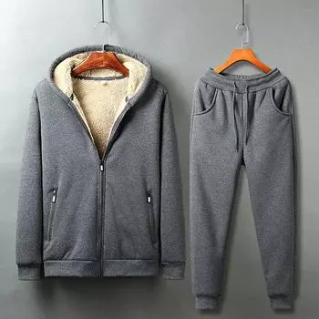 Зимний плюшевый кашемировый повседневный комплект с капюшоном для мужчин, утепленная куртка + брюки, теплая меховая подкладка, зимняя толстовка, водонепроницаемый комплект из 2 предметов, однотонный M чёрный