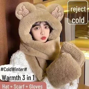 «Зимний плюшевый комплект из трех предметов «Уши Микки»: Шапка, шарф и перчатки — толстые и теплые