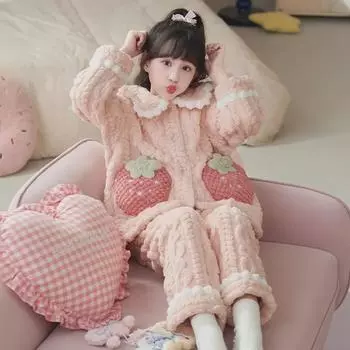 «Зимний плюшевый пижамный комплект для матери и дочери»: Коралловый флис и жаккард для девочек 12 (Height 115-125cm, Weight ~25kg)