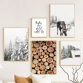 Зимний принт бревенчатая избушка с лосем настенное искусство лесной рождественский декор деревенский зимний холст постер современный скандинавский декор для гостиной 21x30cm No Framed