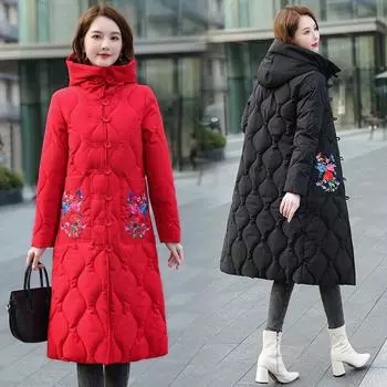 Зимний пуховик утолщенный стиль с капюшоном и вышивкой для женской зимней одежды, облегающая теплая хлопковая куртка M