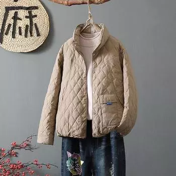 Зимний пуховик женский 2024 новый легкий и тонкий короткий ромбовидный воротник-стойка тонкий белый утиный пух S красный