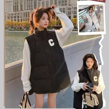 Зимний пуховый хлопковый жилет, модный стиль, внешний жилет, женский, студенческий стиль, круглый вырез, теплый повседневный жилет S белый