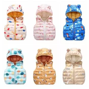 Зимний пуховый жилет для малышей, милый пуховик с капюшоном и ушками, легкий жилет с героями мультфильмов, куртка для девочек и мальчиков, От 6 месяцев до 6 лет 110