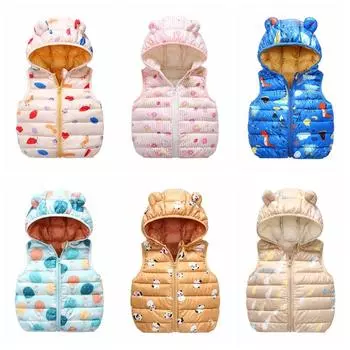 Зимний пуховый жилет для малышей, милый пуховик с капюшоном и ушками, легкий жилет с героями мультфильмов, куртка 110