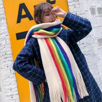 Зимний Радужный Шарф Дизайн Женщин Кашемир Пашмина Теплая Шаль Дамская Накидка Кисточки Шарфы Вязаный Фуляр Толстое Одеяло