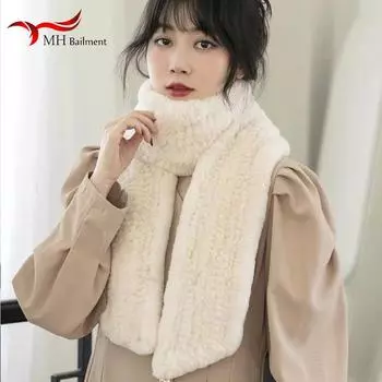 Зимний роскошный натуральный мех кролика, теплый шарф, модный длинный стиль, высокое качество, милые теплые меховые шарфы, брендовая меховая шаль-глушитель One Size бежевый