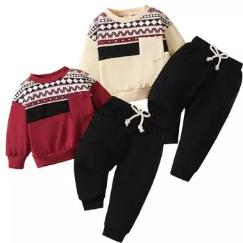 Зимний рождественский комплект из двух предметов для мальчиков и девочек в клетку с длинными рукавами и спортивными штанами 3 бежевый