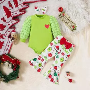 Зимний рождественский комплект из трех предметов для девочек и малышей с длинными рукавами для дошкольников Ha Yi 18 зелёный
