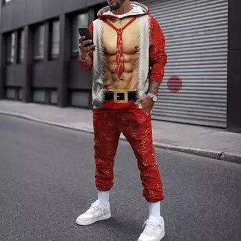 Зимний рождественский комплект с капюшоном для мужчин и женщин, уличная одежда, повседневный пуловер, свободный спортивный костюм для бега, толстовки с 3D принтом + длинные брюки S