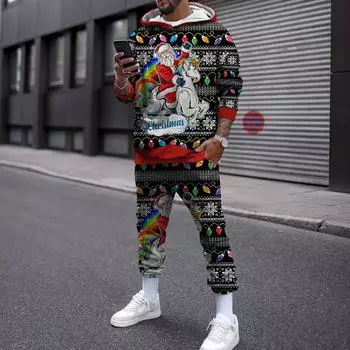 Зимний рождественский комплект с капюшоном для мужчин и женщин, уличная одежда, повседневный пуловер, свободный спортивный костюм для бега, толстовки с 3D принтом + длинные брюки S