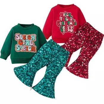 Зимний рождественский комплект с капюшоном и расклешенными брюками для девочек и малышей с длинными рукавами и буквенным принтом 12 зелёный