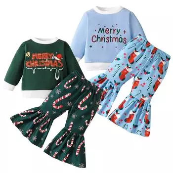 Зимний рождественский комплект с капюшоном и расклешенными брюками для девочек и малышей с длинными рукавами и буквенным принтом 12 темно-зеленого