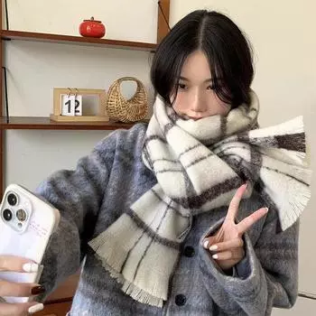 Зимний шарф для женщин Кашемировый теплый черный и бежевый клетчатый платок, одеяло, накидка, женский толстый мягкий кисточка длинный пончо 1Pc