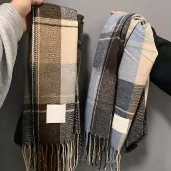 Зимний шарф унисекс, соответствующий цвету, клетчатый принт, кисточка, толстый, теплый, мягкий, плюшевый, длинный и широкий, сохраняет тепло, защищает шею, женский осенний шарф синий