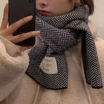 Зимний шарф, утепленный вязаный шарф соответствующего цвета с принтом, эластичный, теплый, противоусадочный, женский школьный уличный шарф, аксессуары для одежды белый