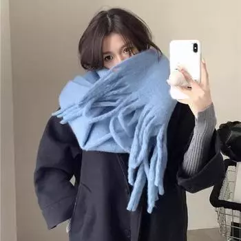 Зимний шарф, утолщенный вязаный однотонный эластичный шарф с кисточками, теплый, противоусадочный, женский школьный уличный шарф, аксессуары для одежды белый