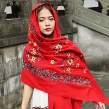 Зимний шарф Yousheng с вышитым цветочным узором и кисточками, длинный шарф в этническом стиле, утолщенная теплая женская шаль