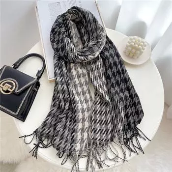 Зимний шарф женский, имитация кашемира, теплый, длинный, стильный, с кисточками, универсальный, клетчатый шарф с рисунком «Тысяча птиц», мужская двухцветная шаль для сращивания 200*63cm
