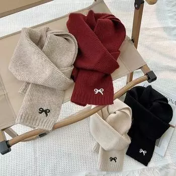 Зимний шерстяной шарф для детей, утолщенный теплый вязаный шарф, однотонный бант, вышитый детский шейный платок для мальчиков и девочек one size бежевый