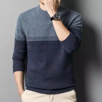 Зимний шерстяной свитер с круглым вырезом для мужчин, деловой повседневный низ, мужская осенняя одежда, полосатый вязаный топ для людей среднего возраста S