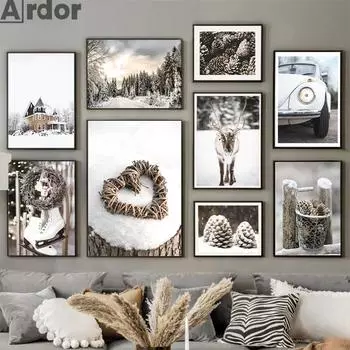 Зимний снег Дерево Сосна Настенный Арт Плакат Олень Печать Холст Картина Дом Машина Постеры Скандинавские Настенные Картины Декор Гостиной 21*30cm No Frame