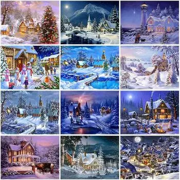 Зимний снег DIY 5D Алмазная картина Полный круглый дрель Пейзаж Алмазная вышивка Крестом Рождественский подарок Настенное искусство Full Round 20x30CM