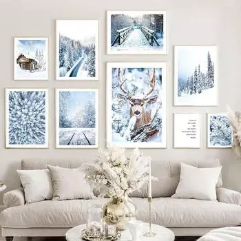 Зимний снег, сосновый лес, олень, домик, природа, настенная живопись на холсте, постеры на скандинавскую тему и принты, настенные панно для декора гостиной A4 21X30cm No Framed