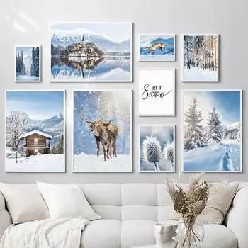 Зимний снег, сосновый лес, замок с оленями, настенная живопись на холсте, постеры на скандинавскую тему и принты, настенные панно для декора гостиной A4 21X30cm No Framed
