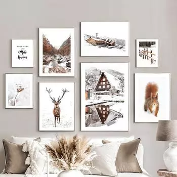 Зимний снежный дом Лось Белка ручей настенные художественные постеры принты скандинавская картина на холсте пейзажные фотографии для декора гостиной 21cm30cm NoFrame