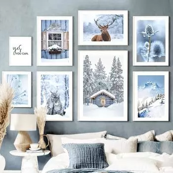 Зимний снежный лес кабина леопардовый олень растение настенная живопись на холсте плакаты на скандинавскую тему и принты настенная картина для декора гостиной A4 21X30cm No Framed