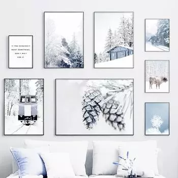 Зимний снежный лес Пинета крупный рогатый скот пейзаж настенная живопись на холсте для декора гостиной постеры на скандинавскую тему и принты настенные панно 21*30cm