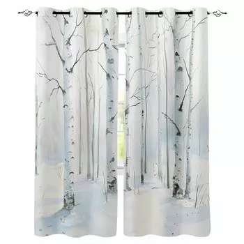 Зимний снежный пейзаж акварель береза дерево затемняющие шторы для гостиной спальни оконные шторы шторы W135 x H60cm