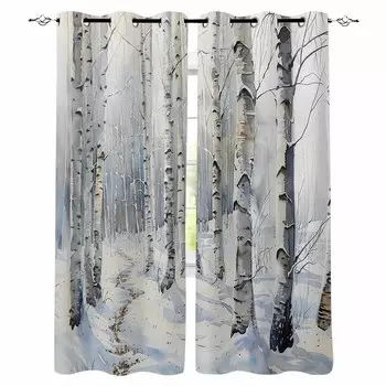 Зимний снежный пейзаж акварель береза дерево затемняющие шторы для гостиной спальни оконные шторы шторы W135 x H60cm